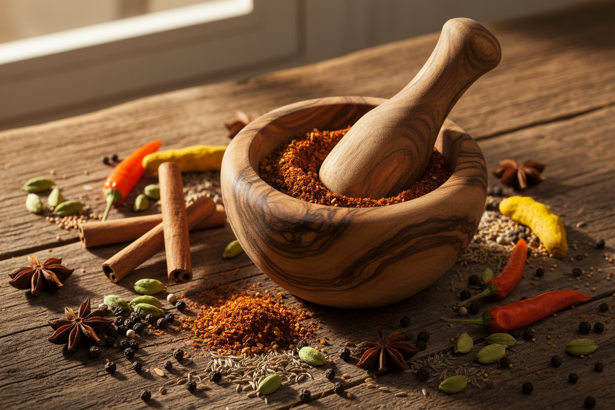 mortar & pestle with spices on a table
